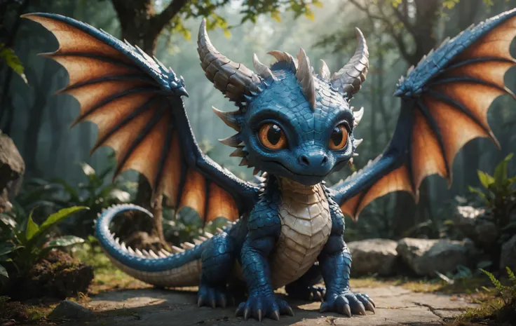 a close up of a blue dragon with orange wings sitting on a rock