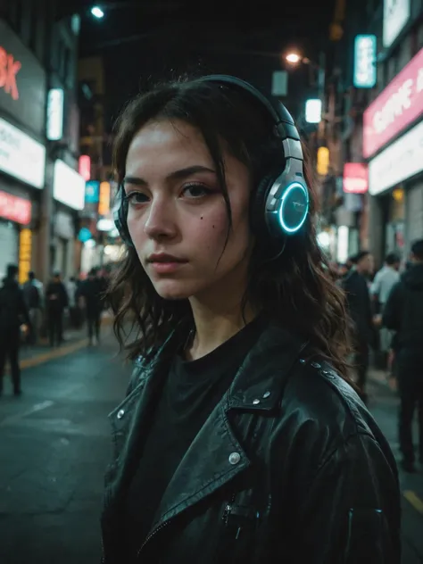 a woman wearing headphones standing on a city street at night