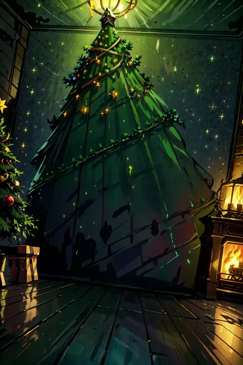 christmas tree in a room with a fireplace and a starlight