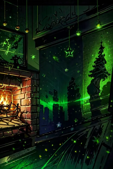 fireplace with fire and stars in the night sky