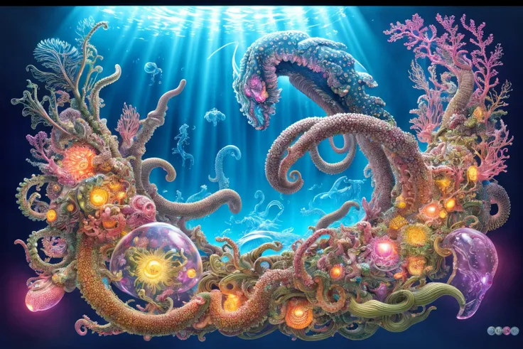 ancien atlantis unterwater scene with raylights, caustics, vivid colored corals, water snakes, jellyfishes, bioluminescence, flu...