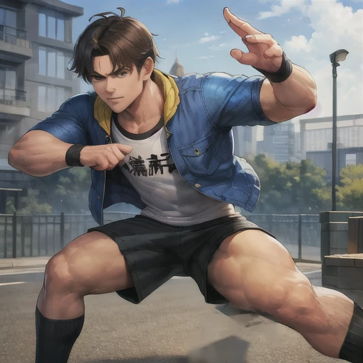 masterpiece, highquality, cute face, siekensou, jacket, t-shirt, shorts, socks, sneaker, fighting pose <lora:kensoukof_1:1><hype...