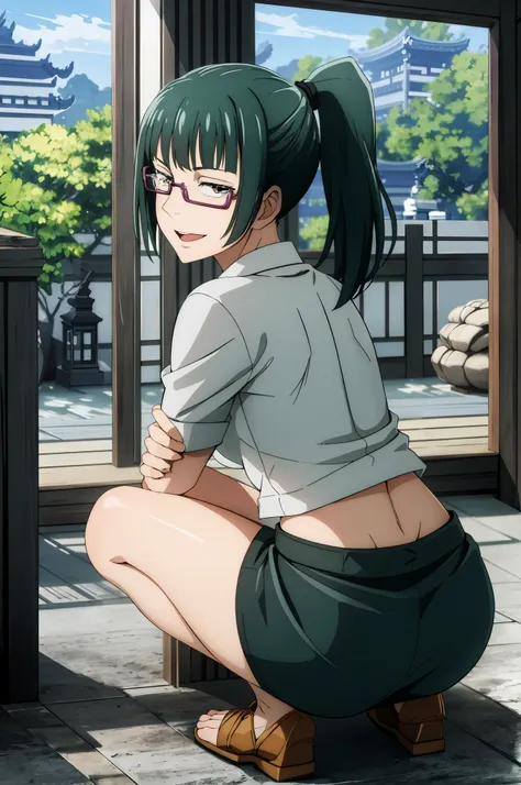 anime girl kneeling down with her legs crossed and her eyes closed