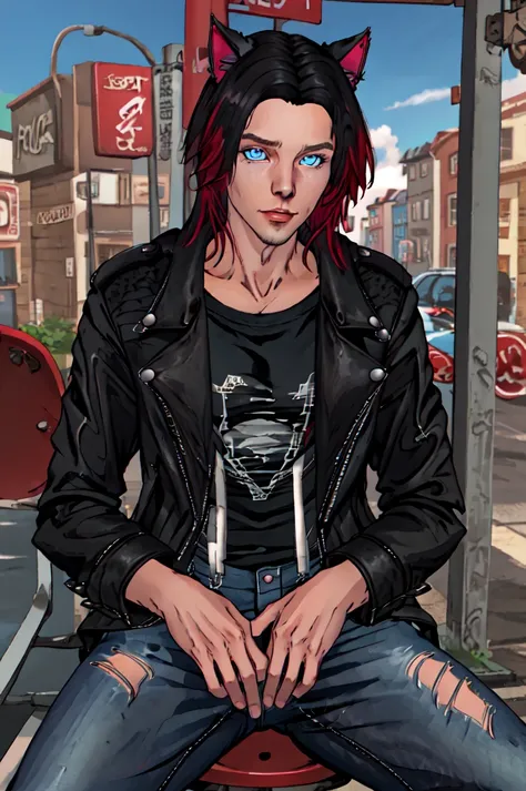 <lyco:Chris_Xvoor-06:1.0>Chris_Xvoor,  MikeyXvoorSolo,looking at viewer,, blue eyes, black hair, animal ears, sitting, jacket, red hair, outdoors, day, pants, cat ears, blurry, black jacket, torn clothes, blurry background, denim, jeans, leather, torn pant...