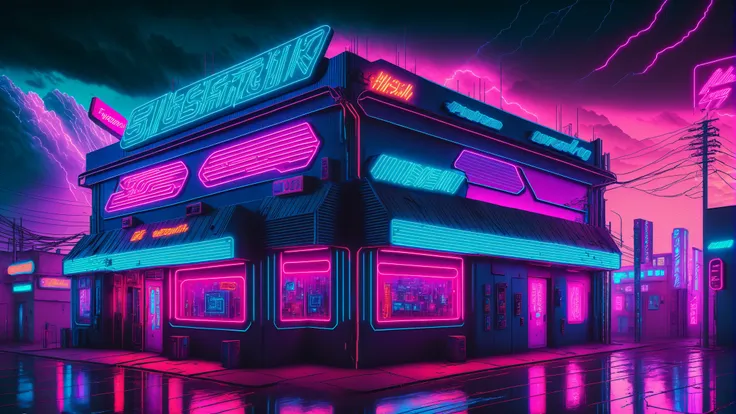 a neon city with a neon building and neon lights