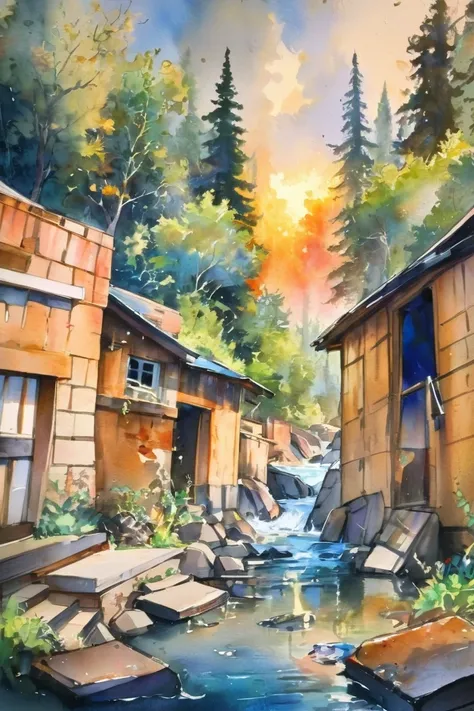 watercolor, golden hour, scenery, "at the shattered Megalopolis"<lora:EnvyAnimeWatercolorXL01:1>