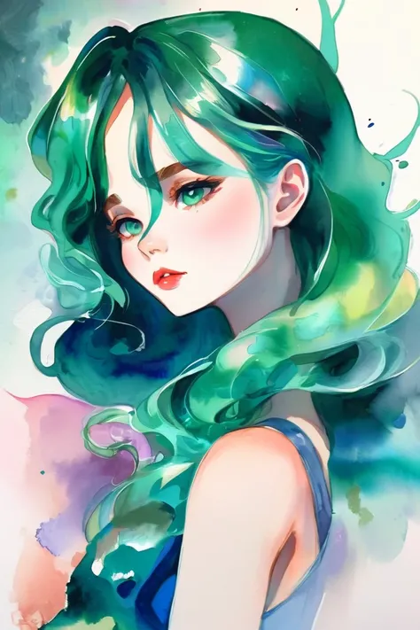 anime style watercolor, 1girl, woman, beautiful, matte sea green hair, Cropped Cut<lora:EnvySendNoodzXL01:-1>, gargantuan,infinite fantasy megacity beyond the end of time<lora:EnvyAnimeWatercolorXL01:1>