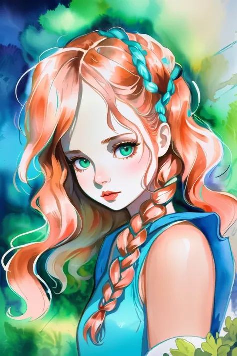 anime style watercolor, 1girl, woman, beautiful, peach hair, Basket Weave Braid,hair bobbles<lora:EnvySendNoodzXL01:-1>, a indescribable glimmering  blue-green scifi topia beyond the beginning of reality, masterpiece<lora:EnvyAnimeWatercolorXL01:1>