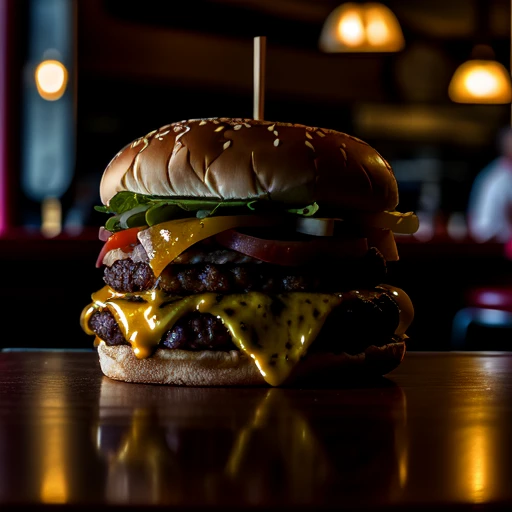 (product photography), photorealistic cheeseburger in diner, intricate details, sharp focus:1.2, incredibly realistic, award win...