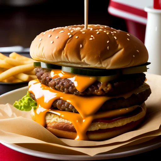 (product photography), photorealistic cheeseburger in diner, intricate details, sharp focus:1.2, incredibly realistic, award win...