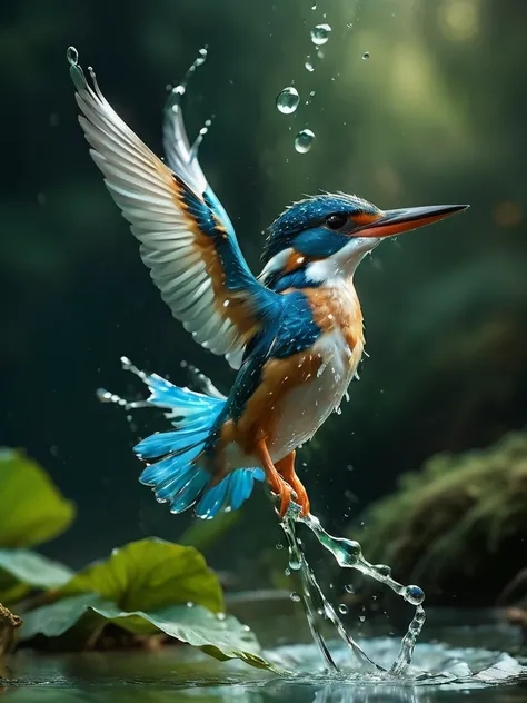 high quality, highly detailed, 8K Ultra HD, epic diving water kingfisher made of water spray, In this enchanting artwork, the very essence of water transforms into an ethereal water kingfisher made of water, each droplet gracefully adorning the wings of a ...