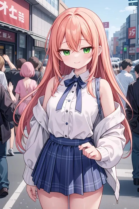 anime girl in school uniform standing in a crowded street