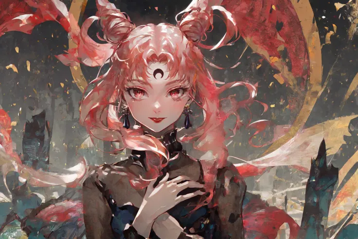 anime girl with pink hair and horns standing in front of a city