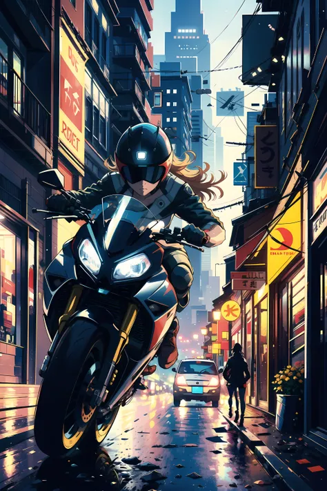 anime girl riding a motorcycle in the rain on a city street