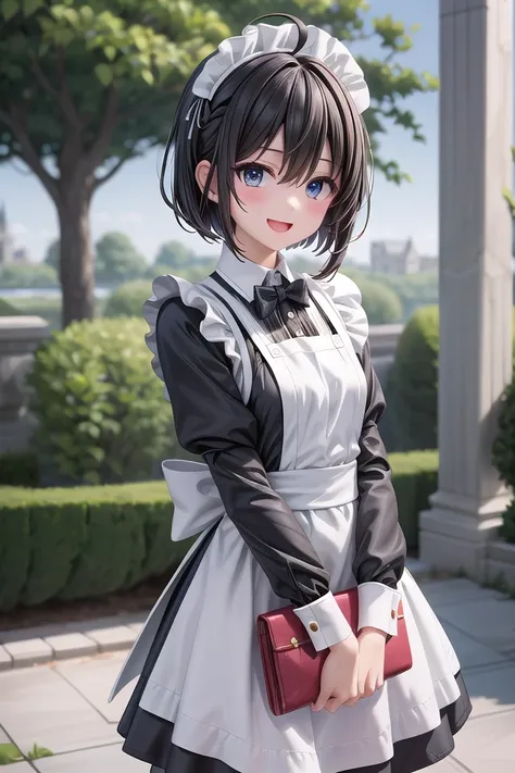 a close up of a woman in a maid outfit holding a purse