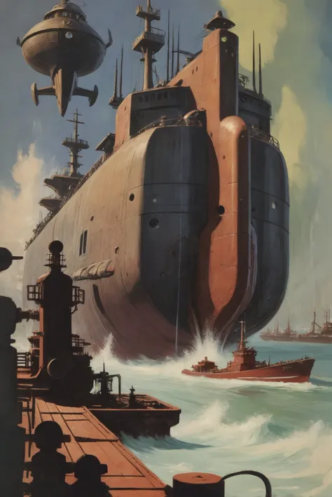 painting of a submarine in the water with a man standing on a dock