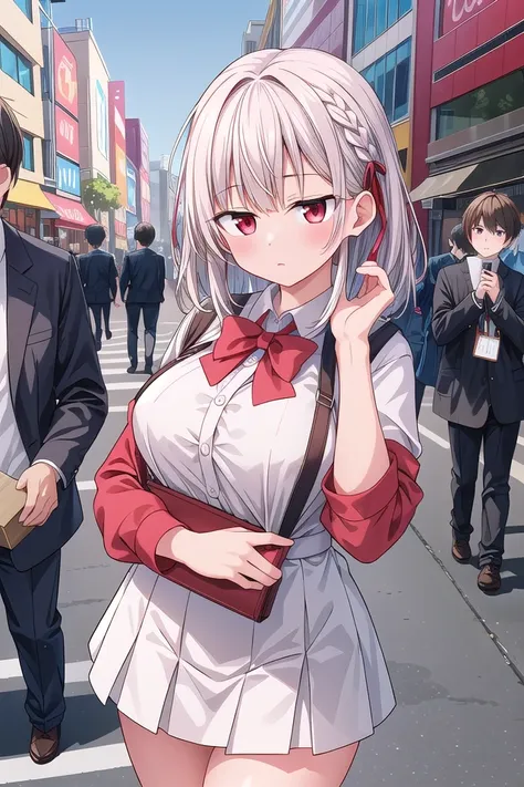 anime characters walking down a street in a city with a woman in a white dress