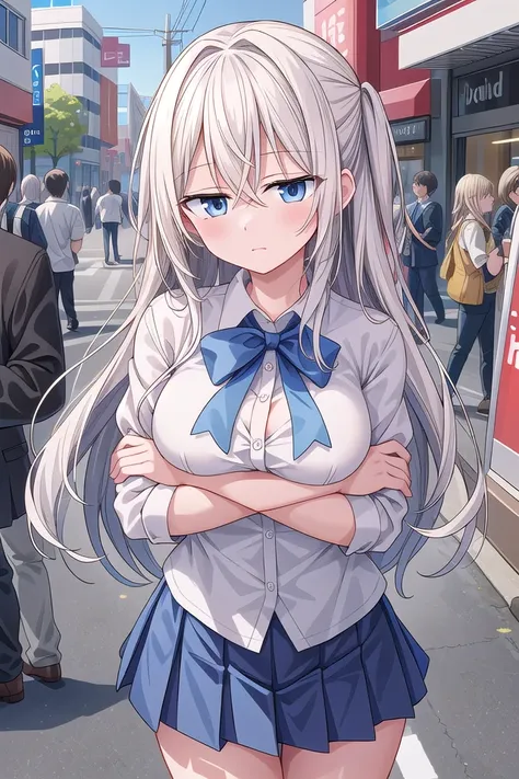 anime girl with long white hair and blue eyes standing in a street