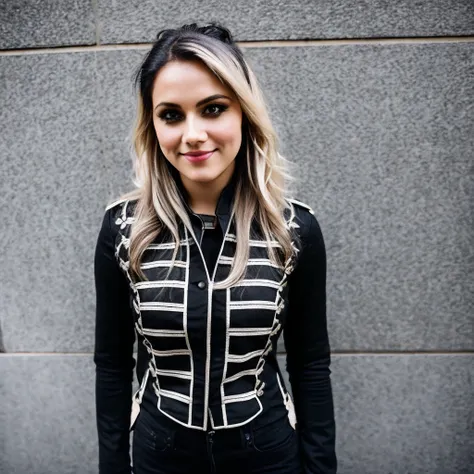 a close up of a woman in a black and white jacket