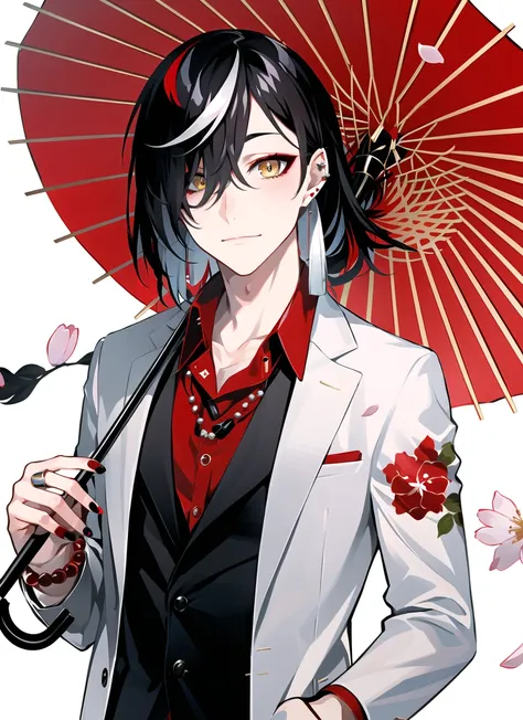 lam (ramdayo), 1boy, bead bracelet, beads, black hair, black nails, bracelet, breast pocket, cherry blossoms, closed mouth, dress shirt, earrings, eyeshadow, floral print, hair between eyes, hair over one eye, handkerchief, jacket, jewelry, kimono on shoul...