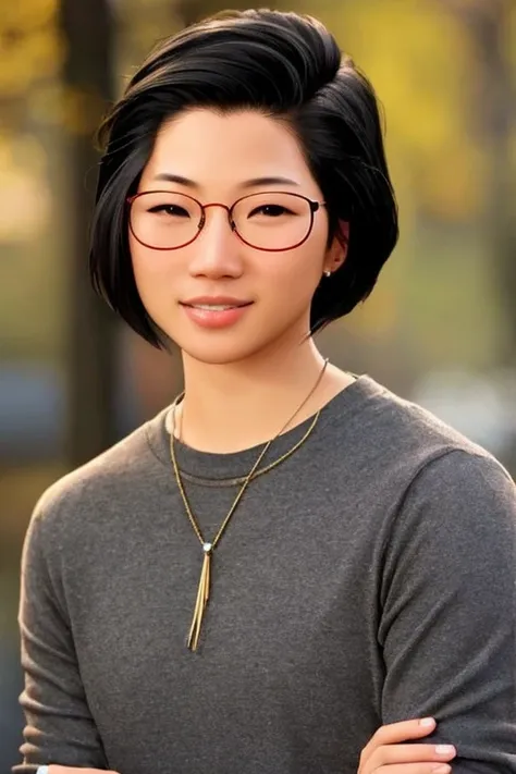 alexchen,1girl, solo, glasses, jewelry, realistic, blurry background, brown eyes, black hair, earrings, blurry, nose, necklace, ...