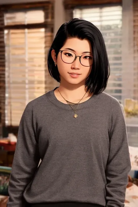 alexchen,1girl, solo, glasses, jewelry, realistic, blurry background, brown eyes, black hair, earrings, blurry, nose, necklace, ...