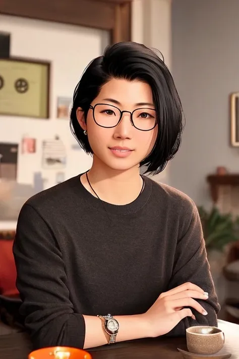 alexchen,1girl, solo, glasses, jewelry, realistic, blurry background, brown eyes, black hair, earrings, nose, necklace, shirt, l...