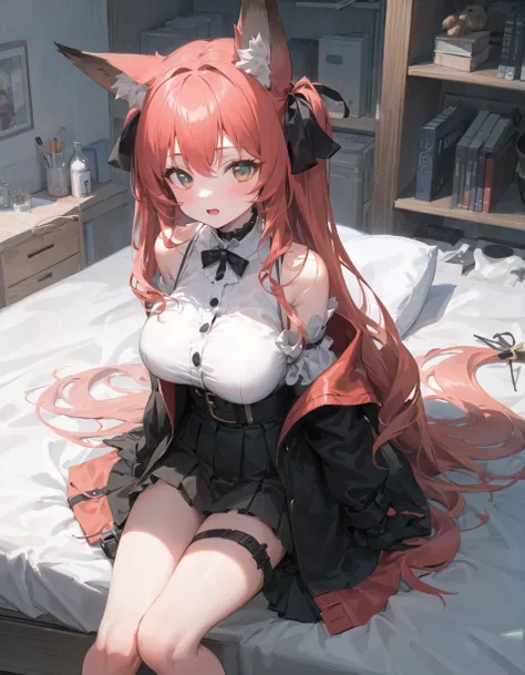 ((masterpiece,best quality)),1girl, solo,long hair, fox girl, fox ears, huge breasts, bare shoulders, pleated skirt, hair ribbon, choker