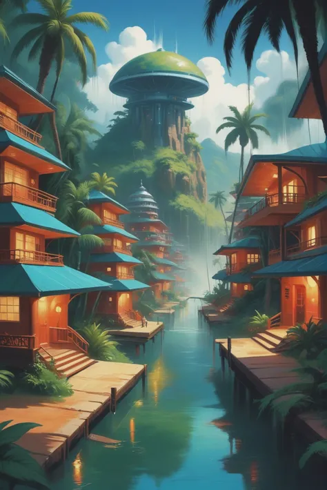 1950s style retro scifi digital painting, wonderous fantasy town in a Tropical Monsoon Forest<lora:EnvyStarlightRetro01:1>