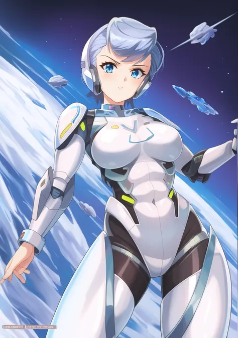 a close up of a woman in a futuristic suit with a gun