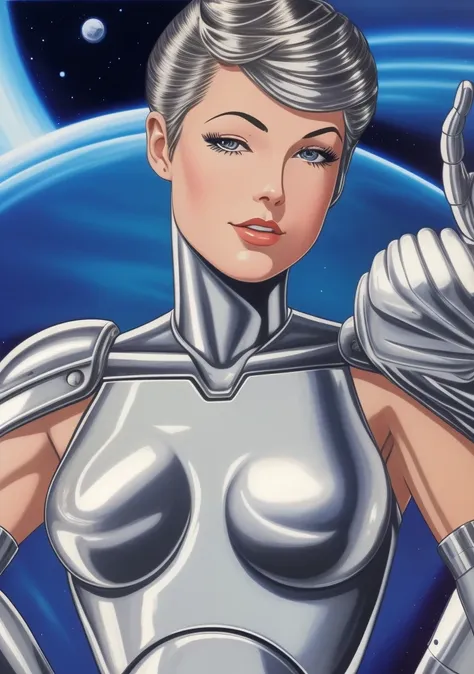 a close up of a woman in a silver suit holding a gun