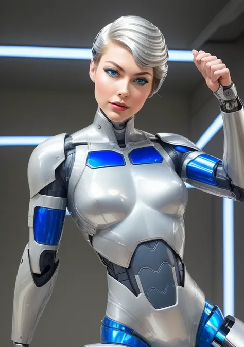 (masterpiece, best quality, high resolution),  cowboy shot, 1girl, solo, raw photo, 
 intricate bodysuit, skintight  metallic silver armor, cyborg goddess, 
(SteelHeartQuiron character),  1girl, solo,  muscle legs, abs,  (silver metallic  short hair:1.5), ...