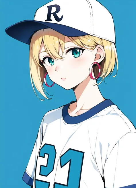 hamao <lora:hamao_offset:1>  , masterpiece, best quality, 1girl, aqua eyes, baseball cap, blonde hair, closed mouth, earrings, green background, hat, hoop earrings, jewelry, looking at viewer, shirt, short hair, simple background, solo, upper body, yellow ...