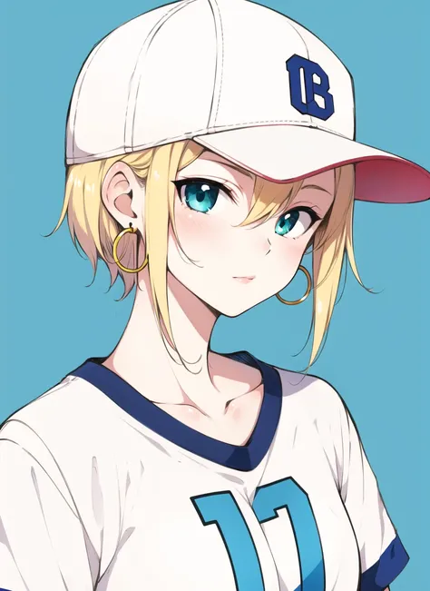 hamao <lora:hamao_offset:1>  , masterpiece, best quality, 1girl, aqua eyes, baseball cap, blonde hair, closed mouth, earrings, green background, hat, hoop earrings, jewelry, looking at viewer, shirt, short hair, simple background, solo, upper body, yellow ...