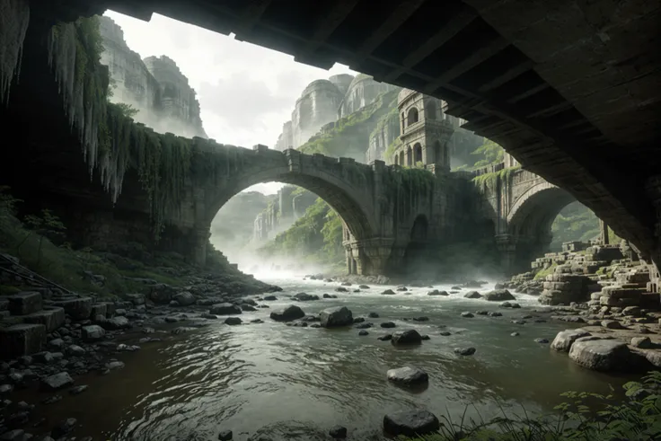 a bridge over a river in a cave like area with a waterfall, style_tombraider