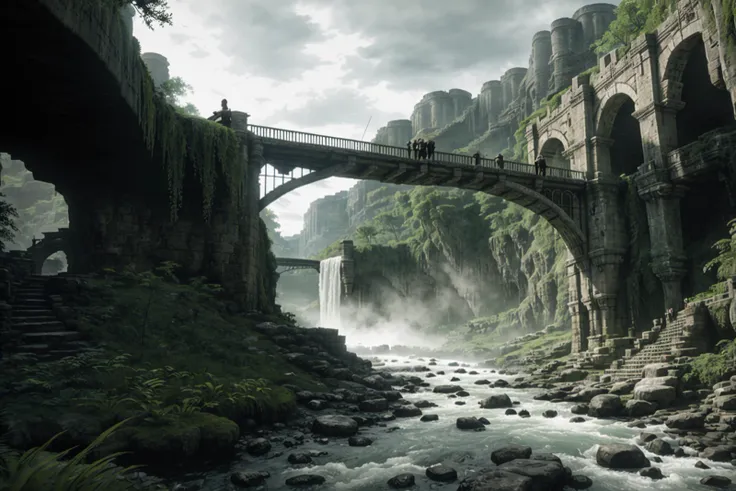 a bridge over a river in a cave like area with a waterfall, style_tombraider