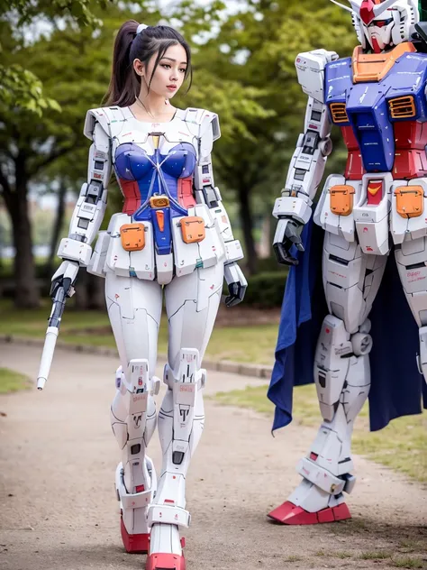 gundam\(rx78\), ultra high res, best quality, photo, 4k, (photorealistic:1.4), 1girl, solo, (full body:1.1), ponytail, black hair, beautiful face, beautiful eyes, dynamic pose,dynamic angle, outside in the park with lake, mecha armor, depth of field, motion lines, perky breasts, bra lift, breast slip, <lora:gundamRX782OutfitStyle_v10:0.6> <lora:hipoly3DModelLora_v10:0.2> <lora:gundamRX78_v2:0.4>