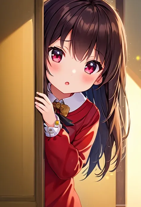 anime girl peeking out of a doorway with a red dress