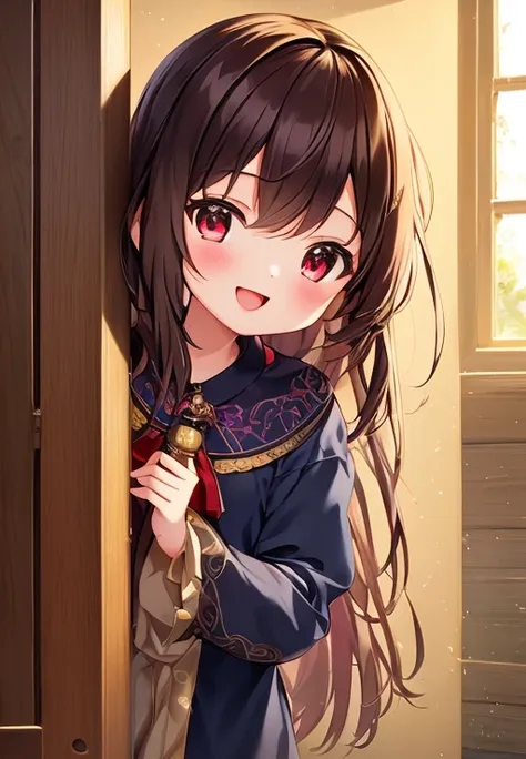 anime girl with long brown hair and red eyes leaning against a door