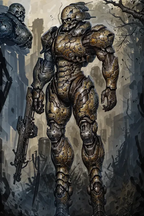 1man, skull like helmet   dark skin,   cyborg ,mecha, full body,   wearing  Parrley_armor, big bulky futuristic armor, war painting, (big bulky shoulder armor ) military camouflage
in the jungle, , smokes, fires,
 fantasy, sci-fi,
 (arielpstyle:1.0), dark,...