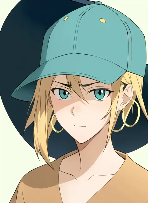 avatar wan <lora:avatar_wan_offset:1>, masterpiece, best quality, 1girl, aqua eyes, baseball cap, blonde hair, closed mouth, earrings, green background, hat, hoop earrings, jewelry, looking at viewer, shirt, short hair, simple background, solo, upper body,...