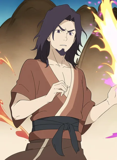 avatar wan <lora:avatar_wan_offset:1>, masterpiece, best quality, male focus, 1boy, solo, fire, aura, facial hair, purple hair, japanese clothes, water, parody, long hair