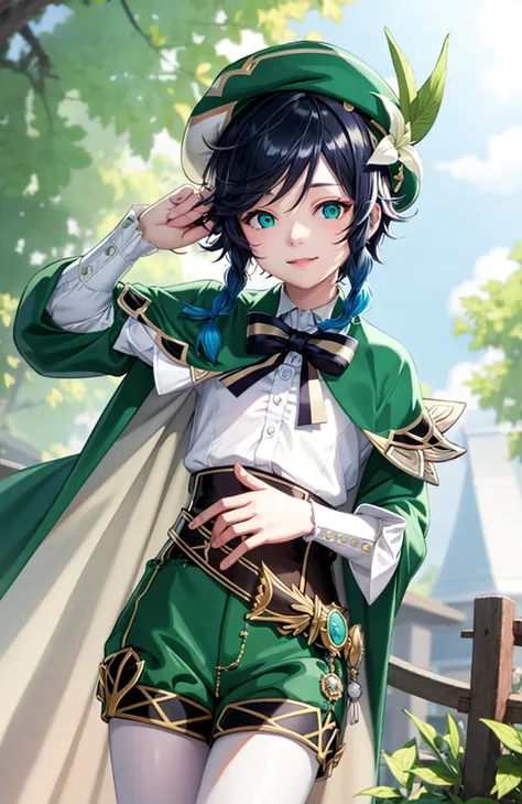 masterpiece, best quality,solo, 1boy, male focus, flower, venti (genshin impact), lyre, black hair, hat, smile, braid, long slee...