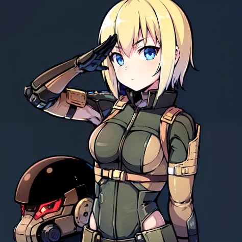 <lora:haven_trooper:1>, haven_trooper, 1girl, masterpiece, simple background,  salute, helmet removed,  short hair, blonde hair,