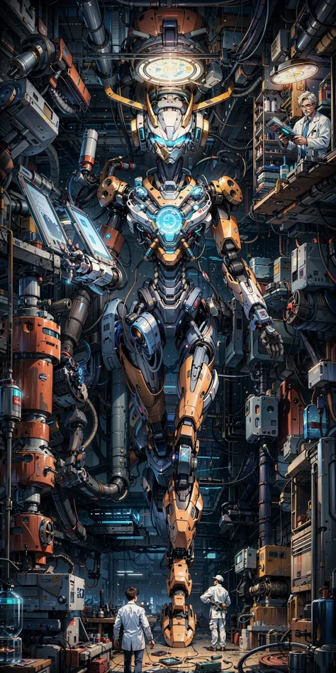 ((masterpiece, best quality)), illustration, ultra detailed 8k, photorealistic, sharp focus, highly detailed, professional lighting, colorful details, iridescent colors BREAK
extreme long shot of a factory, large mechanical robot construction, microchip, c...