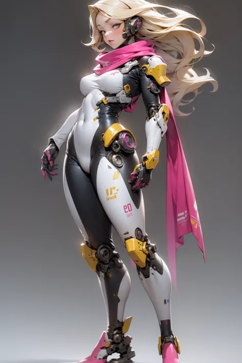 masterpiece, best quality, 1girl, bodysuit, full body , long hair, blonde hair, mechanical arms, medium breasts, pink scarf, sci...