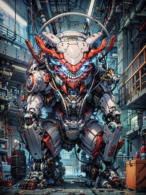 giant robot manufacture, (cutaway view:1.2) of mechanical torso, microchip, wire, computer, mechanical legs, (glowing core:1.1), (intricate details:1.4) BREAK
ultra wide shot, indoor, factory, construction platforms, truck, no humans BREAK
(masterpiece, ...