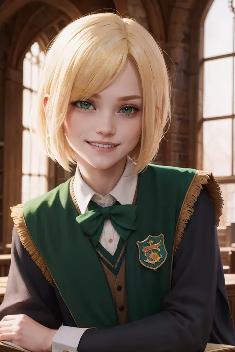 best quality, masterpiece, hogwarts student, slytherin, blonde bob hair, smirk, mischievous