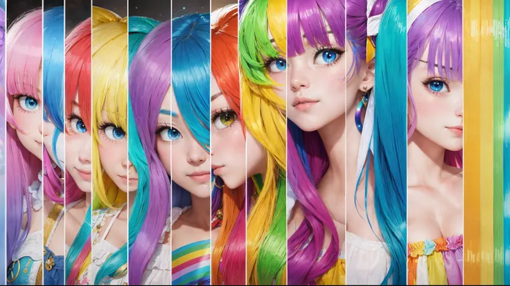 best quality, masterpiece, character sheet, rainbow girl