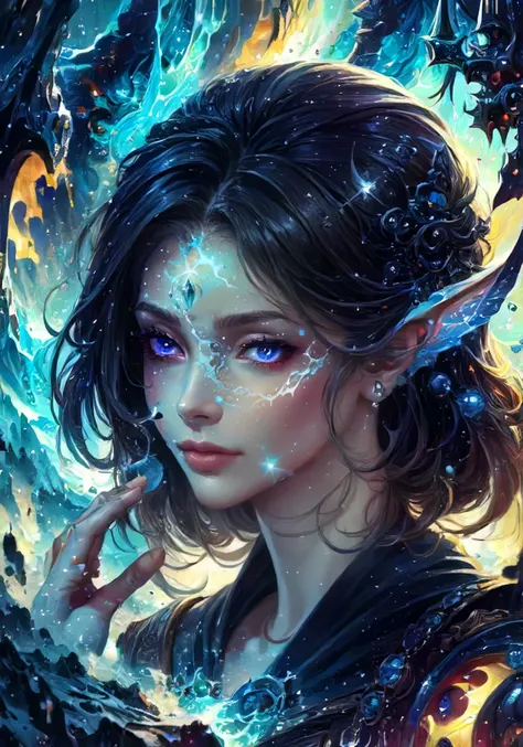 D&D style portrait, fantasy, digital art, Female Alien, casting a Elemental magic spell, ornate, science fiction, close-up, fairy tale, detailed face, kkw-hdr advntr OverallDetail, betterhand <lora:GoodHands-beta2:1>, complex artistic color composition, de...